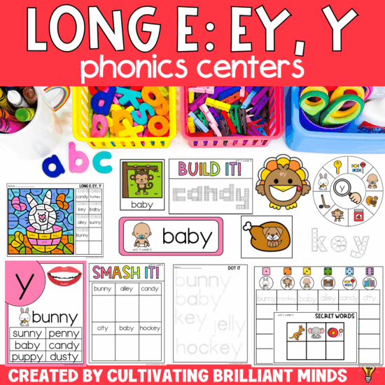 centers and worksheets to practice the long e EY and Y spelling pattern