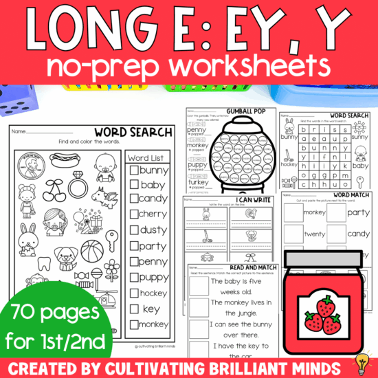 worksheets to practice the long e EY and Y spelling pattern