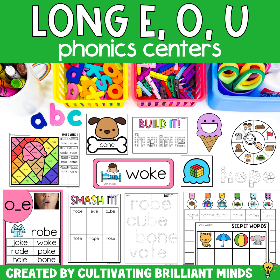 Long E O U Phonics Centers - Cultivating Brilliant Minds phonics centers and worksheets to practice long e, long o, and long u words