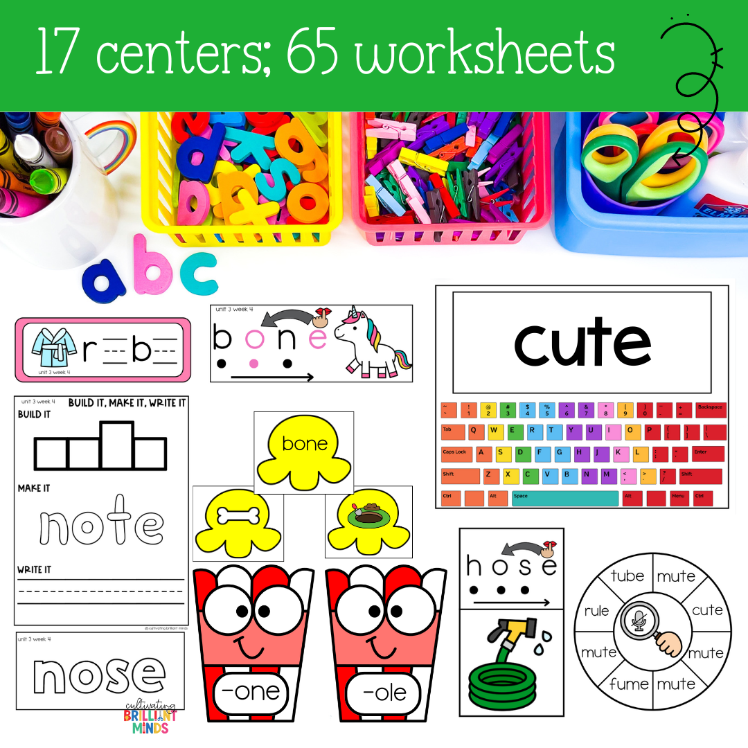 Long E O U Phonics Centers - Cultivating Brilliant Minds phonics centers and worksheets to practice long e, long o, and long u words