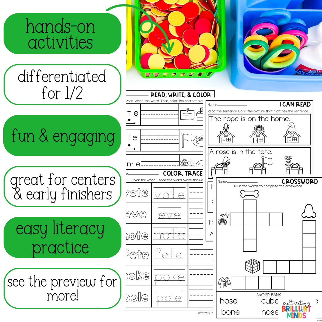 Long E O U Phonics Centers - Cultivating Brilliant Minds phonics centers and worksheets to practice long e, long o, and long u words