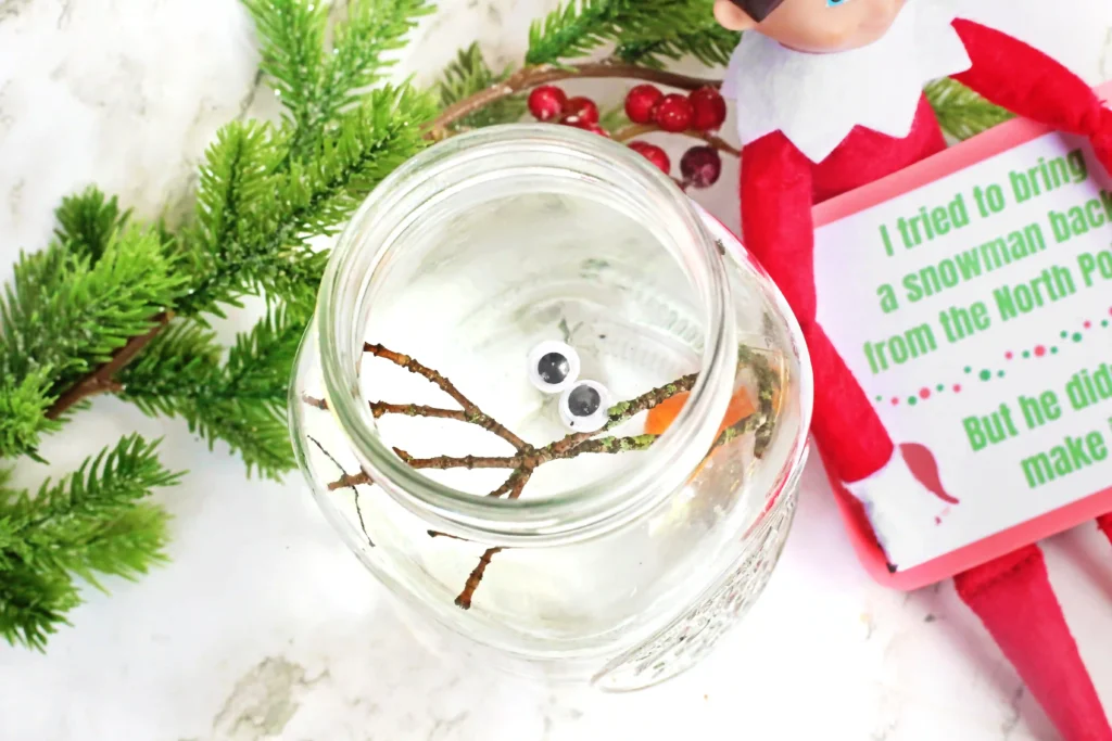 Elf on the Shelf Idea: Melted Snowman - Cultivating Brilliant Minds a jar filled with water, googly eyes, sticks, and a carrot