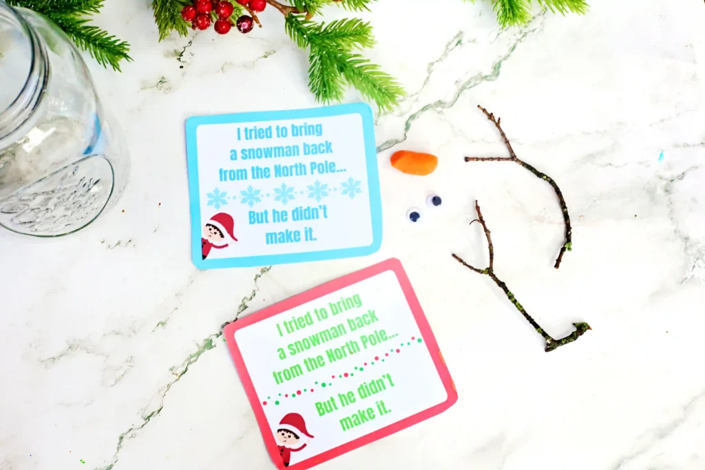 Elf on the Shelf Idea: Melted Snowman - Cultivating Brilliant Minds a carrot, googly eyes, sticks, and a sign that reads "I tried to bring a snowman back form the north pole... but he didn't make it"