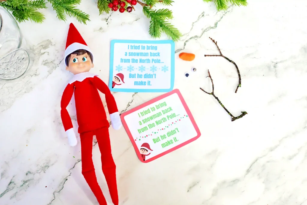 Elf on the Shelf Idea: Melted Snowman - Cultivating Brilliant Minds an elf on the shelf with a carrot, googly eyes, sticks, and a sign that reads "I tried to bring a snowman back form the north pole... but he didn't make it"