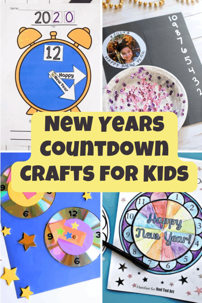 a collage of new years countdown crafts for kids