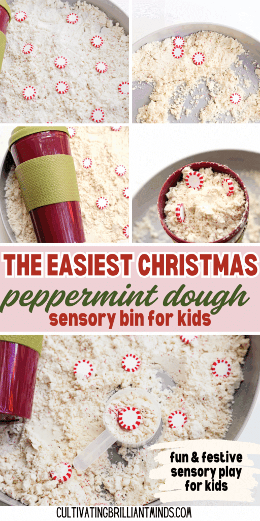 Peppermint Cloud Dough Sensory Bin - Cultivating Brilliant Minds a cloud dough tray filled with peppermints