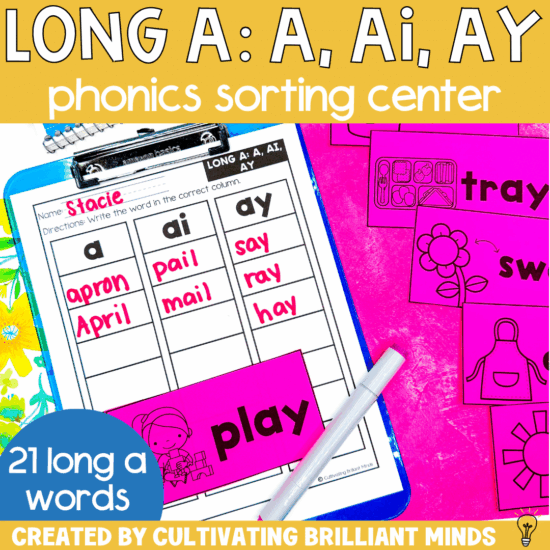 a phonics sort to sort words with the long ac (a, ai, and ay) phonics pattern