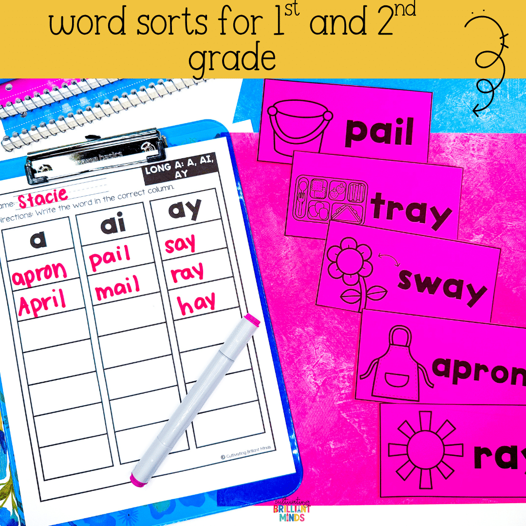 Phonics Sort Long A A AI AY - Cultivating Brilliant Minds a phonics sort to sort words with the long ac (a, ai, and ay) phonics pattern