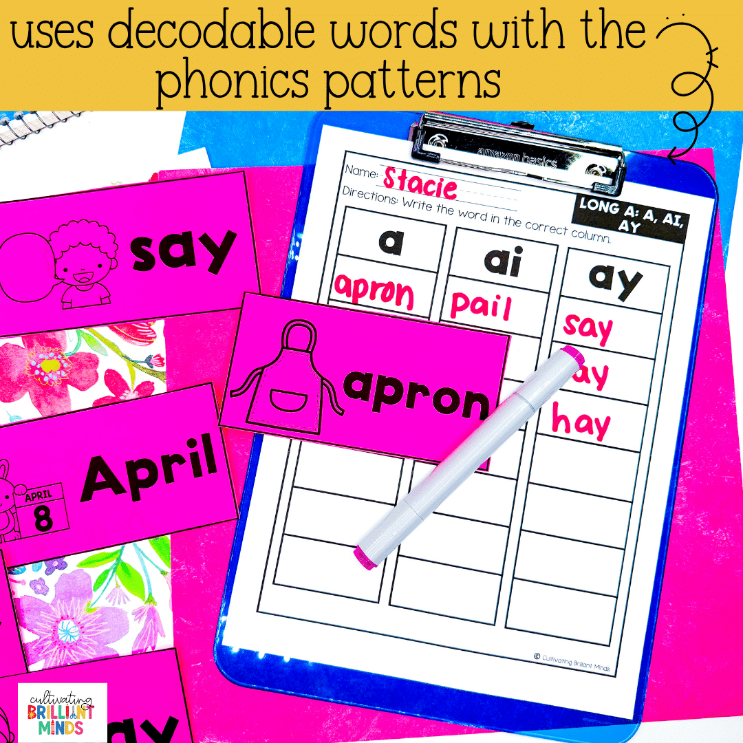 Phonics Sort Long A A AI AY - Cultivating Brilliant Minds a phonics sort to sort words with the long ac (a, ai, and ay) phonics pattern