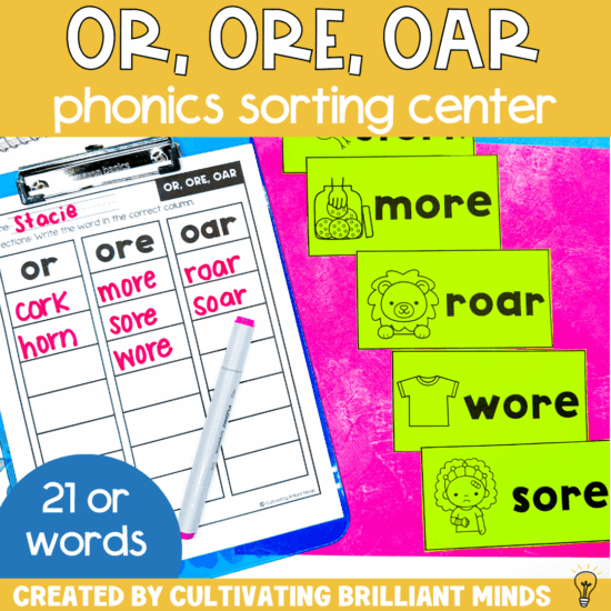 a phonics sort to sort words with the r-controlled or, oar, ore phonics pattern