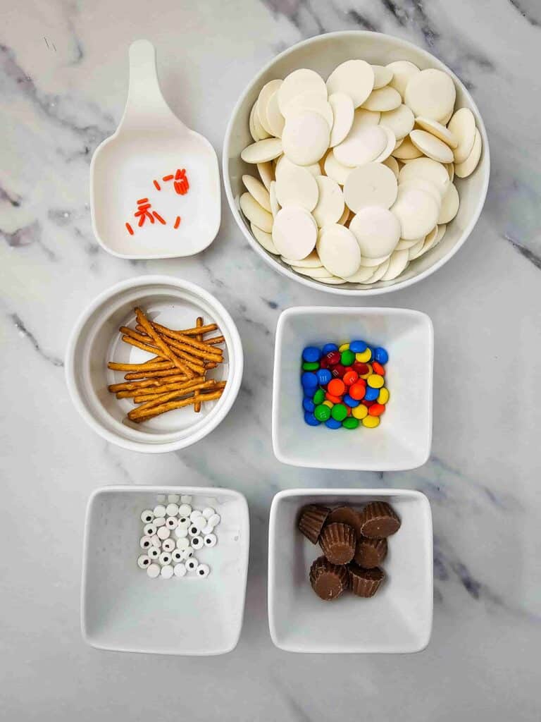 Melted Snowman Chocolate Bark - Cultivating Brilliant Minds ingredients to make the snowman bark