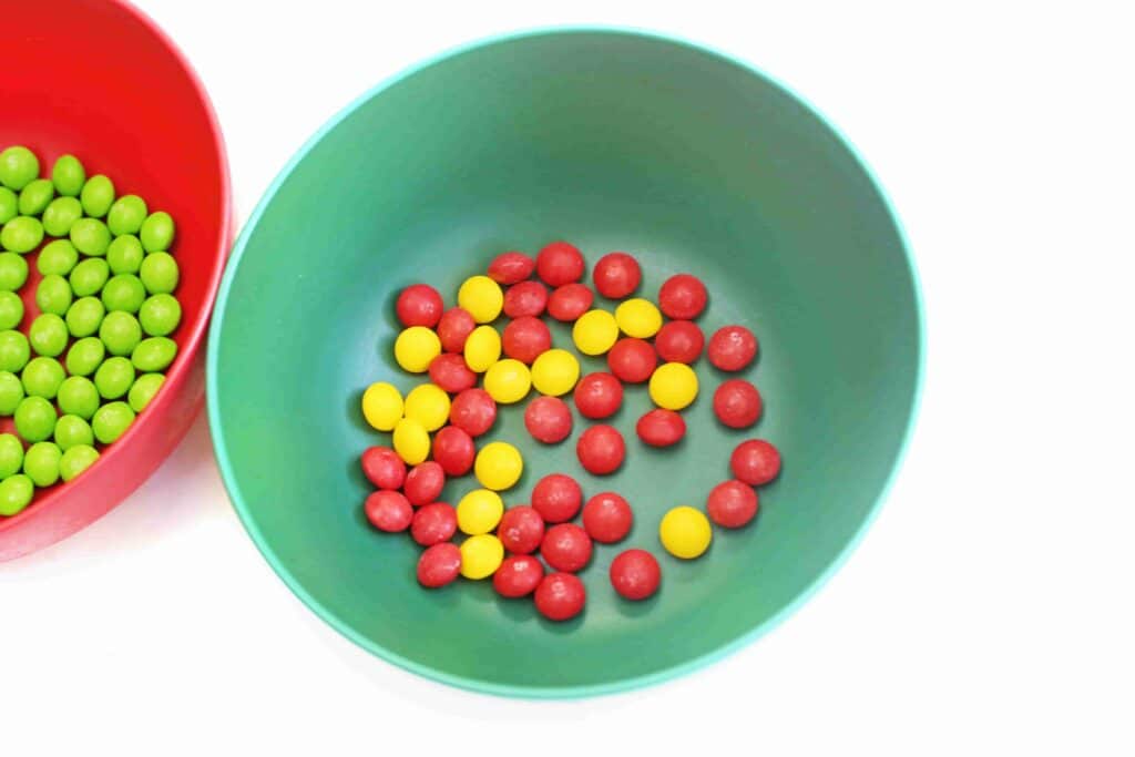 Christmas Tree Skittles Experiment - Cultivating Brilliant Minds red and yellow skittle in a bowl