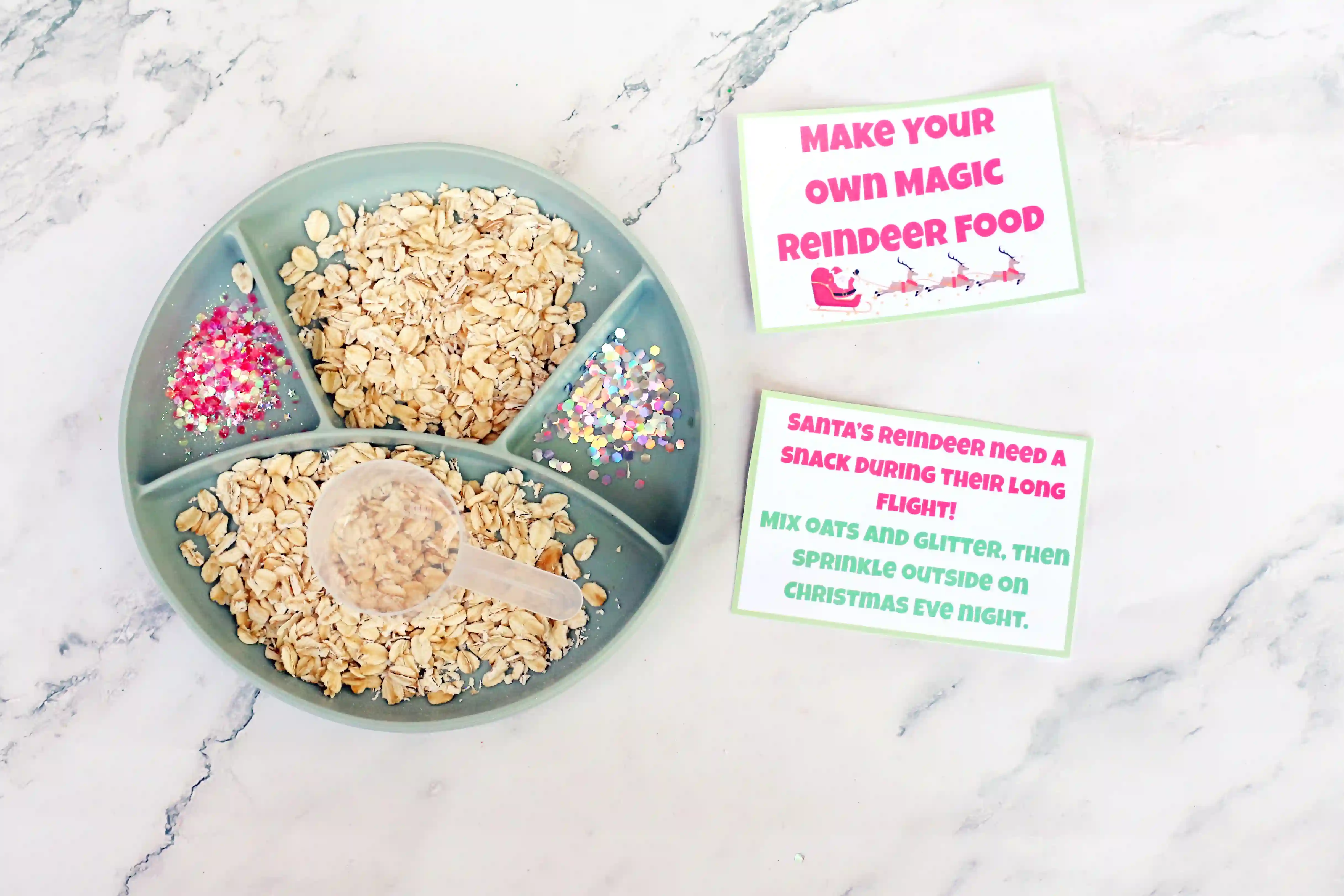 Elf on the Shelf Reindeer Food Craft - Cultivating Brilliant Minds a tray of oats and glitter with a sign that reads make your own reindeer food"