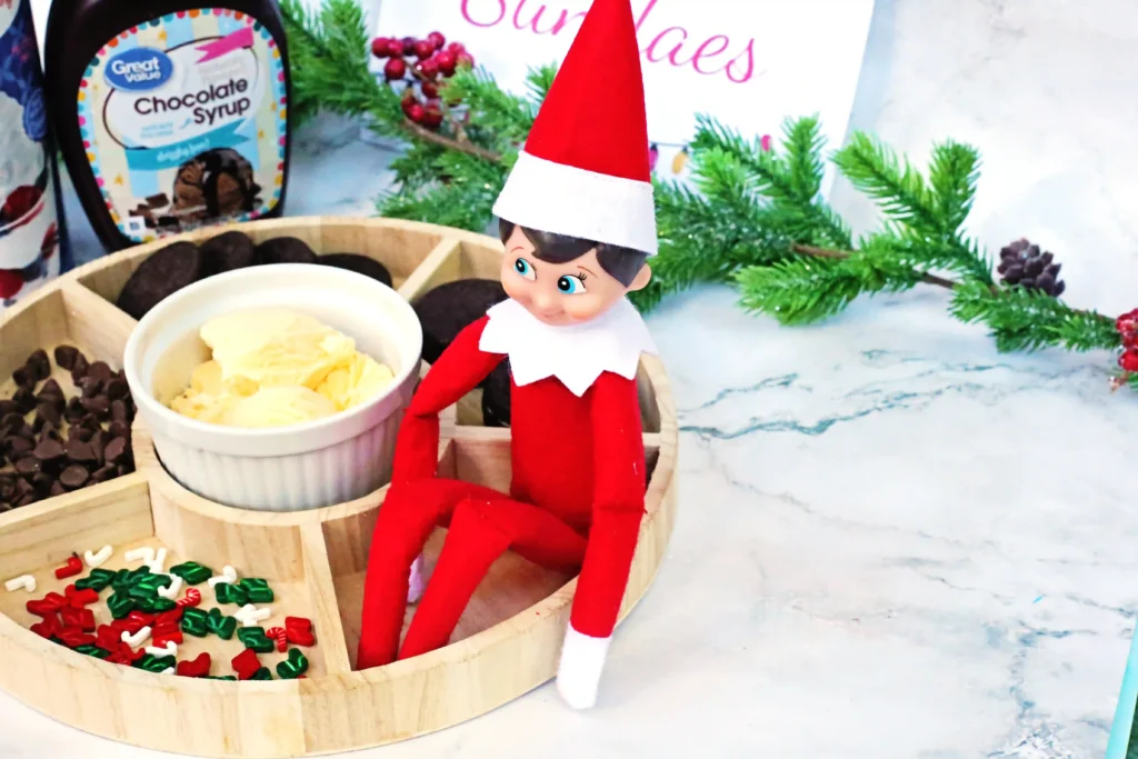 Elf on the Shelf Idea - Cultivating Brilliant Minds elf on the shelf next to a sundae bar