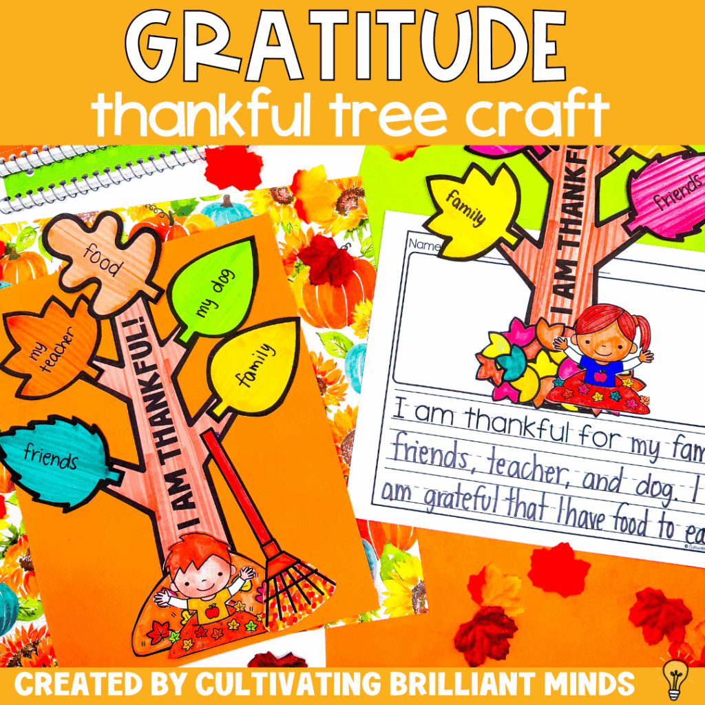 a craft of a fall tree where students write what they are grateful for on the leaves
