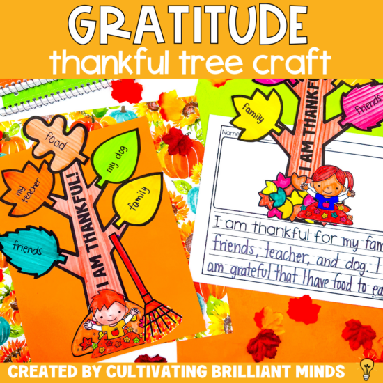 a craft of a fall tree where students write what they are grateful for on the leaves
