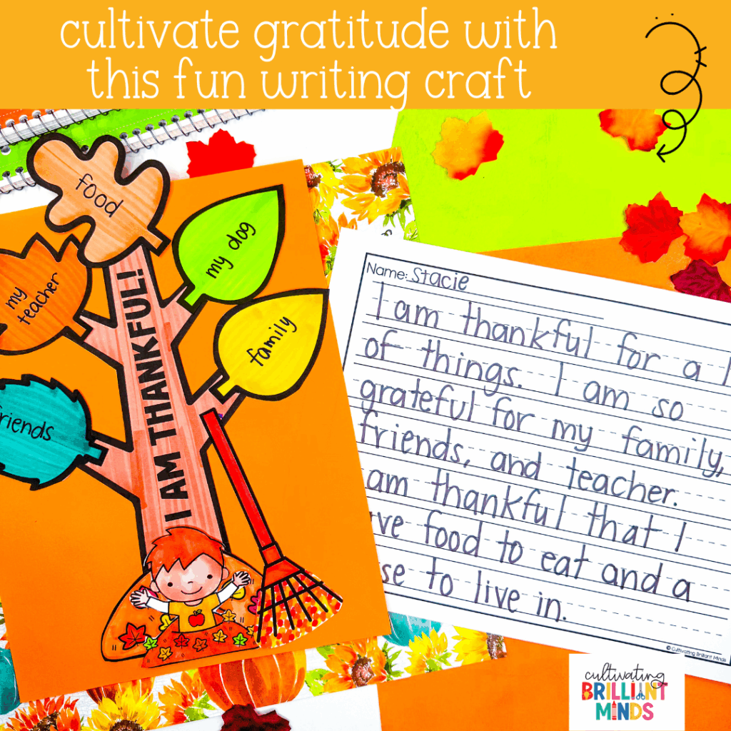 a craft of a fall tree where students write what they are grateful for on the leaves