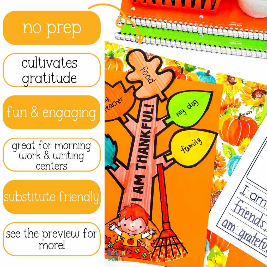 a craft of a fall tree where students write what they are grateful for on the leaves