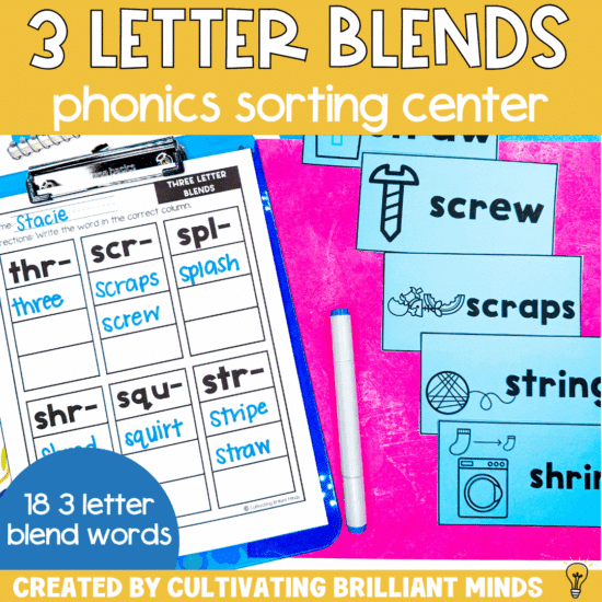 Three Letter Blends Word Sort Phonics Center | Phonics Activities First, Second