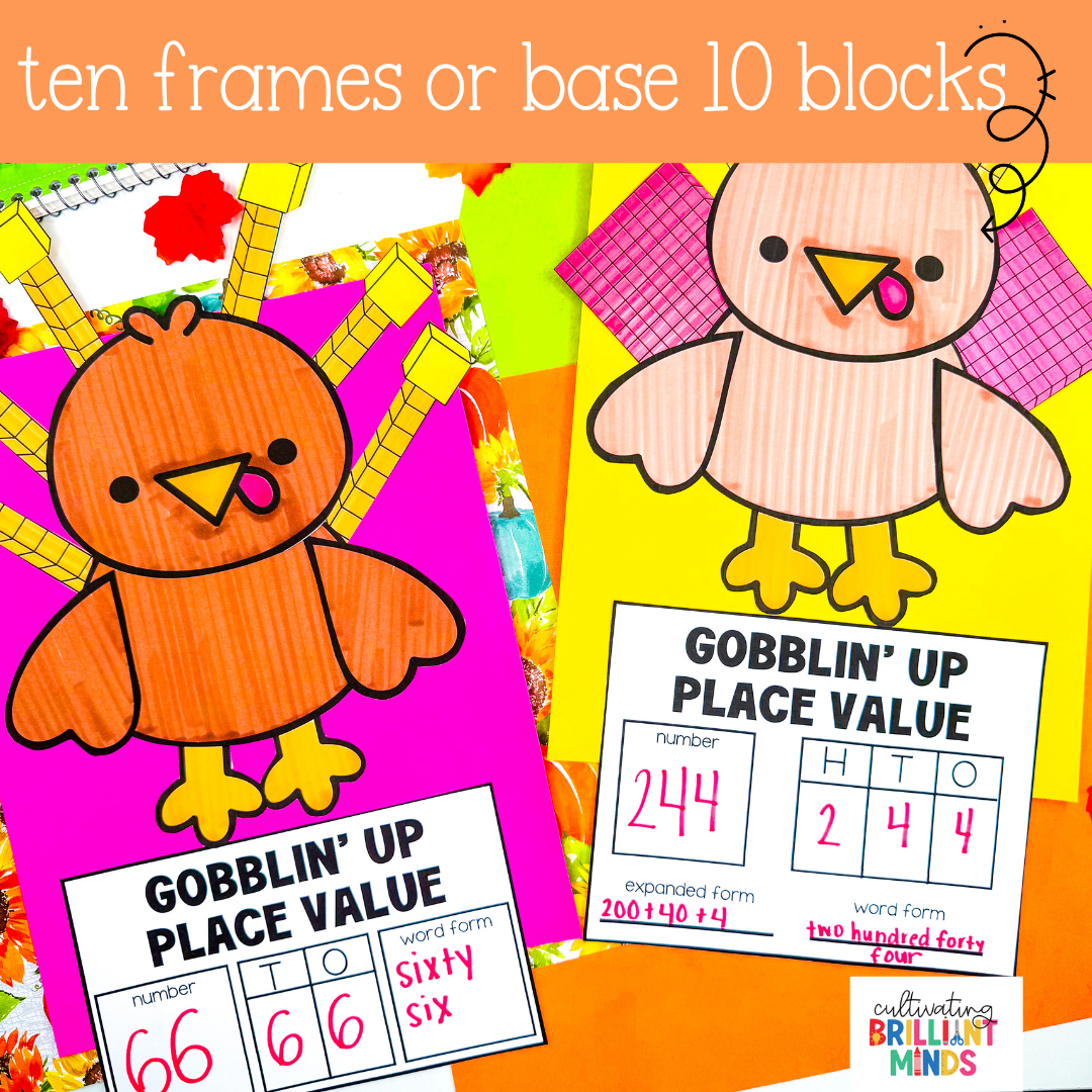 Thanksgiving Turkey Place Value - Cultivating Brilliant Minds turkey craft that uses base ten blocks as the feathers