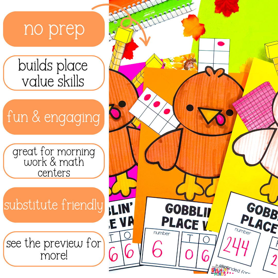Thanksgiving Turkey Place Value - Cultivating Brilliant Minds turkey craft that uses base ten blocks as the feathers