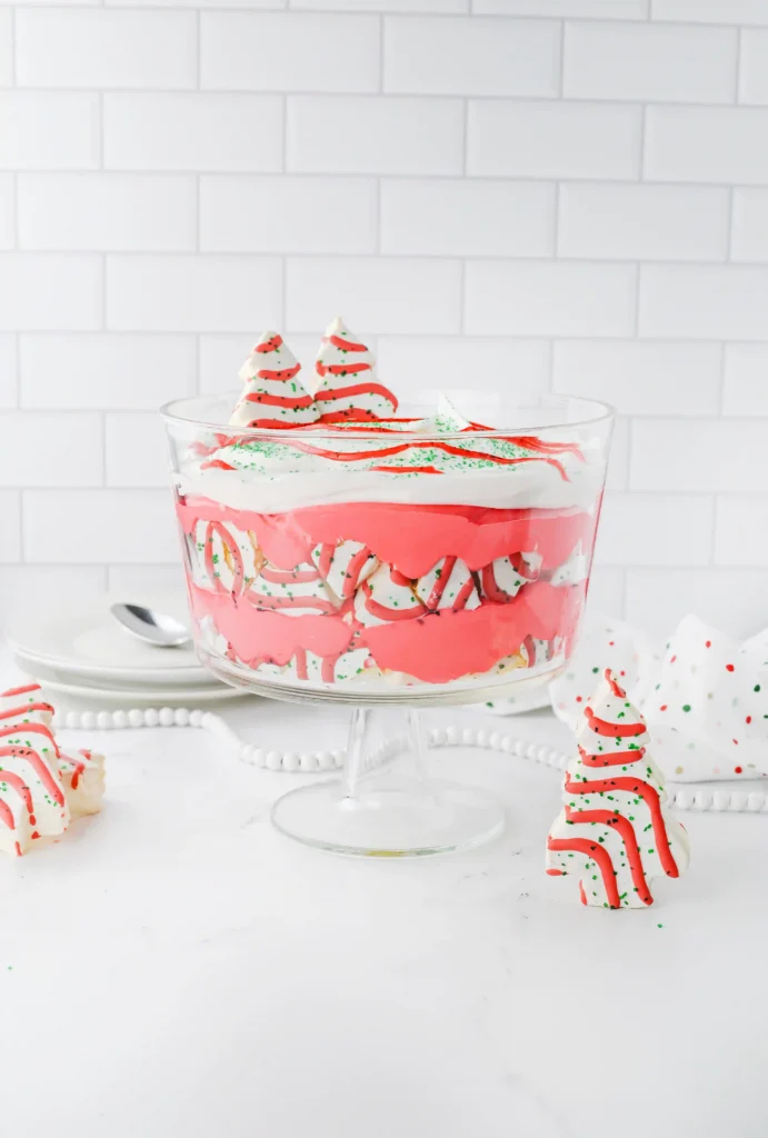 Christmas Tree Cake Trifle - Cultivating Brilliant Minds a christmas tree trifle in a glass trifle jar
