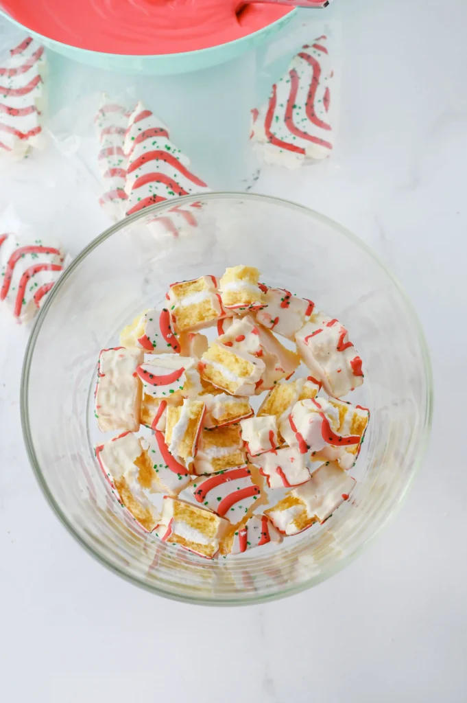 Christmas Tree Cake Trifle - Cultivating Brilliant Minds little debbie christmas tree cakes broken up into big chunks