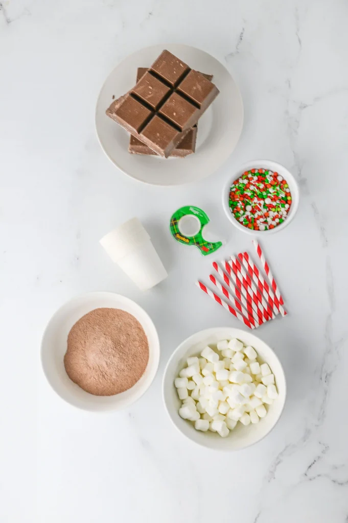 Hot Chocolate Sticks - Cultivating Brilliant Minds chocolate, sprinkles, straws, marshmallows, cup, and tape to make hot chocolate sticks