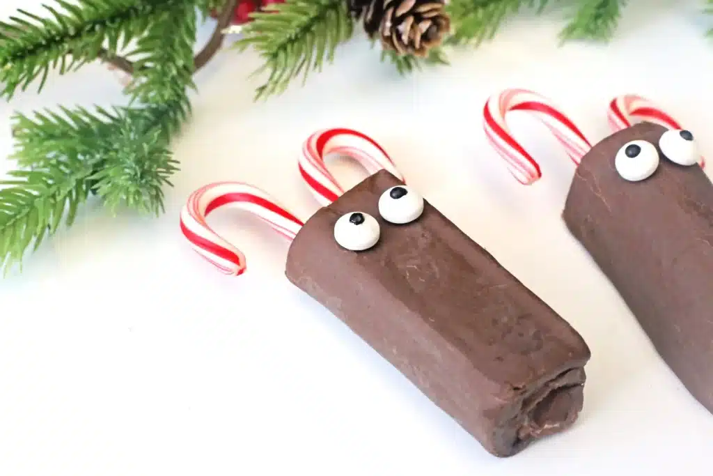 Swiss Roll Rudolph - Cultivating Brilliant Minds a swiss roll with candy cane antlers and candy eyes
