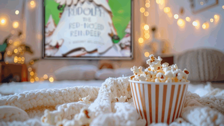 a bucket of popcorn on a blanket with rudolph the red nosed reindeer movie playing in the background