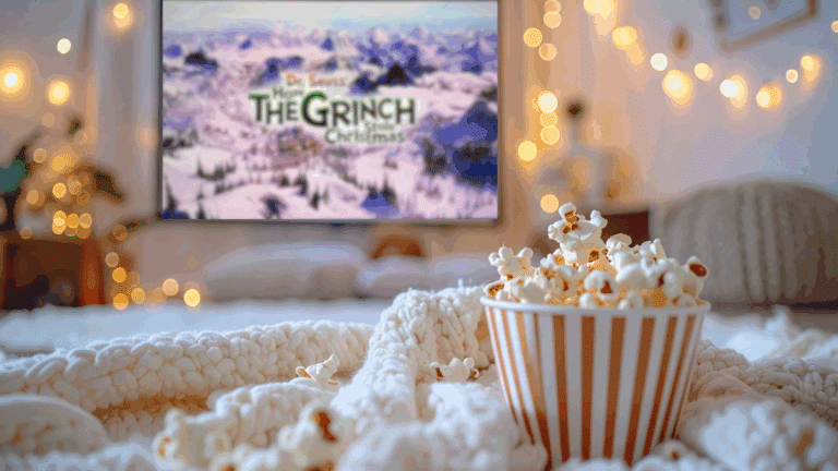 grinch movie night with popcorn