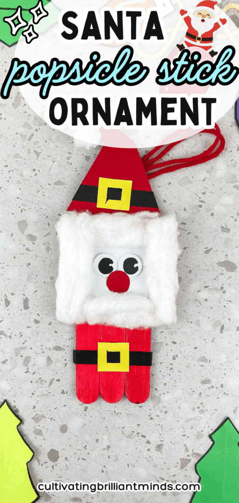Santa Popsicle Stick Ornament Craft - Cultivating Brilliant Minds a santa ornament made with popsicle sticks and construction paper
