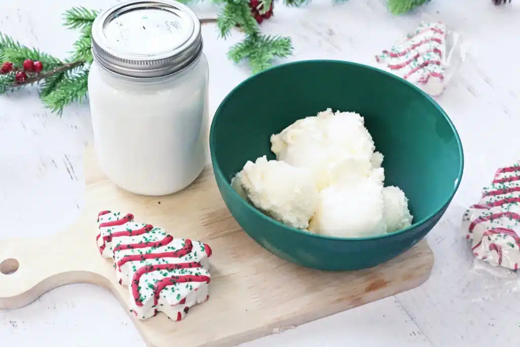 Christmas Tree Cake Milkshake - Cultivating Brilliant Minds vanilla ice cream, milk, and little debbies christmas tree snacks