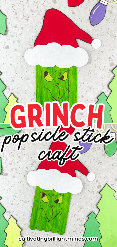 Grinch Popsicle Stick Craft - Cultivating Brilliant Minds popsicle sticks colored to look like the grinch