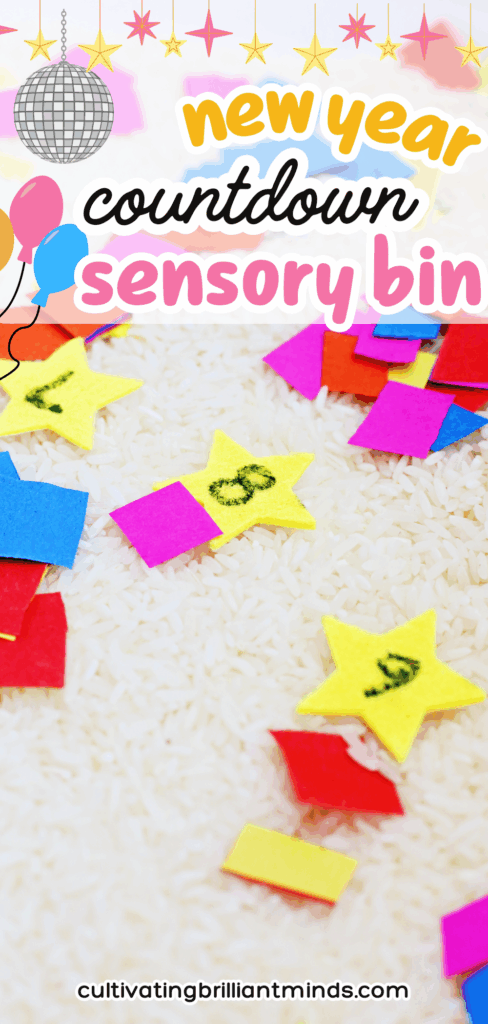 New Year's Countdown Star Hunt Bin - Cultivating Brilliant Minds New Year's Countdown Star Hunt Bin: a rice sensory bin filled with countdown stars to countdown the new year