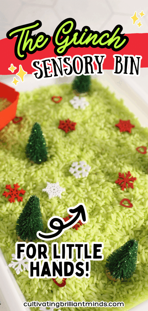 Grinch Sensory Bin - Cultivating Brilliant Minds a grinch sensory bin using green rice, christmas trees, and snowflakes