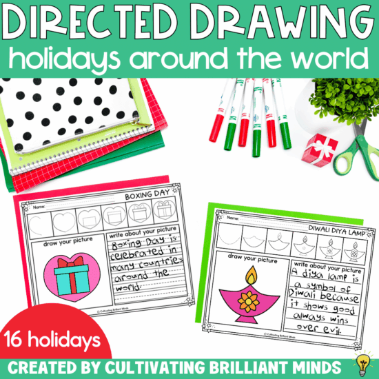 directed drawing and writing pages for holidays around the world