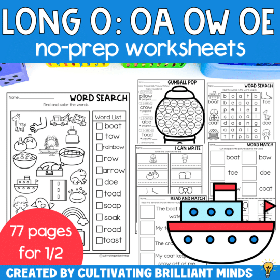 Vowel Teams Long O: OA OW OE Phonics Worksheets No Prep Phonics Activities 1/2