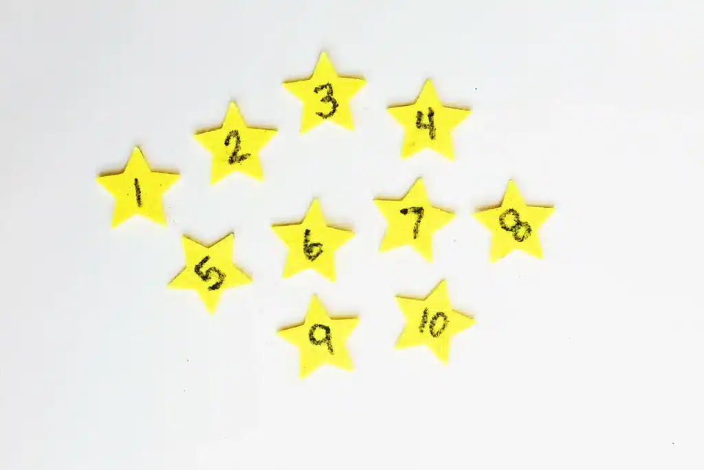 New Year's Countdown Star Hunt Bin - Cultivating Brilliant Minds stars with the numbers 1-10 written on them