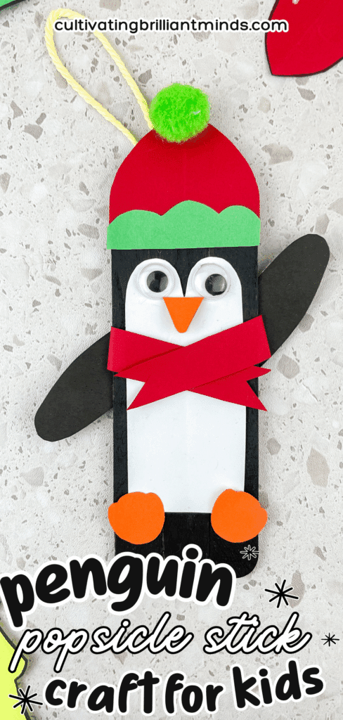 Penguin Popsicle Stick Ornament - Cultivating Brilliant Minds a penguin made out of popsicle sticks and construction paper