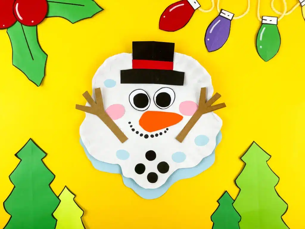 Melted Snowman Paper Plate Craft - Cultivating Brilliant Minds a paper plate craft decorated to look like a melted snowman