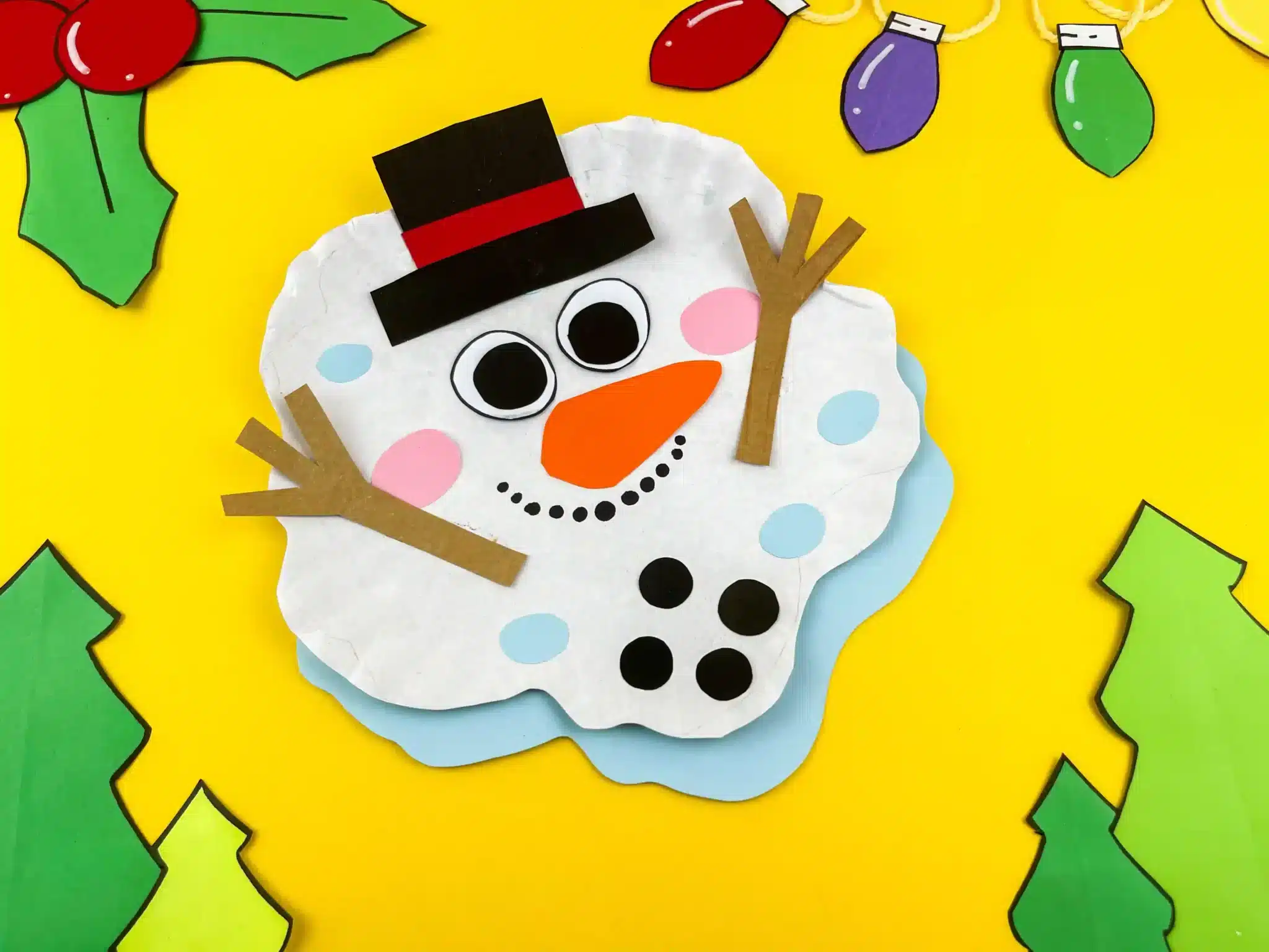 a paper plate craft decorated to look like a melted snowman