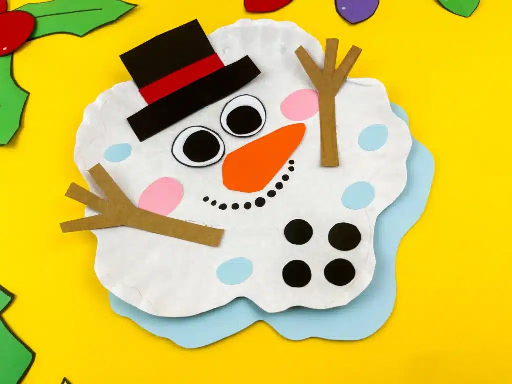 Melted Snowman Paper Plate Craft - Cultivating Brilliant Minds a paper plate craft decorated to look like a melted snowman