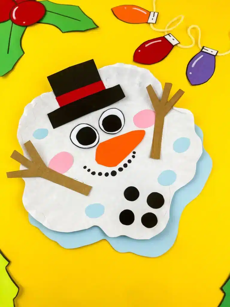 Melted Snowman Paper Plate Craft - Cultivating Brilliant Minds a paper plate craft decorated to look like a melted snowman
