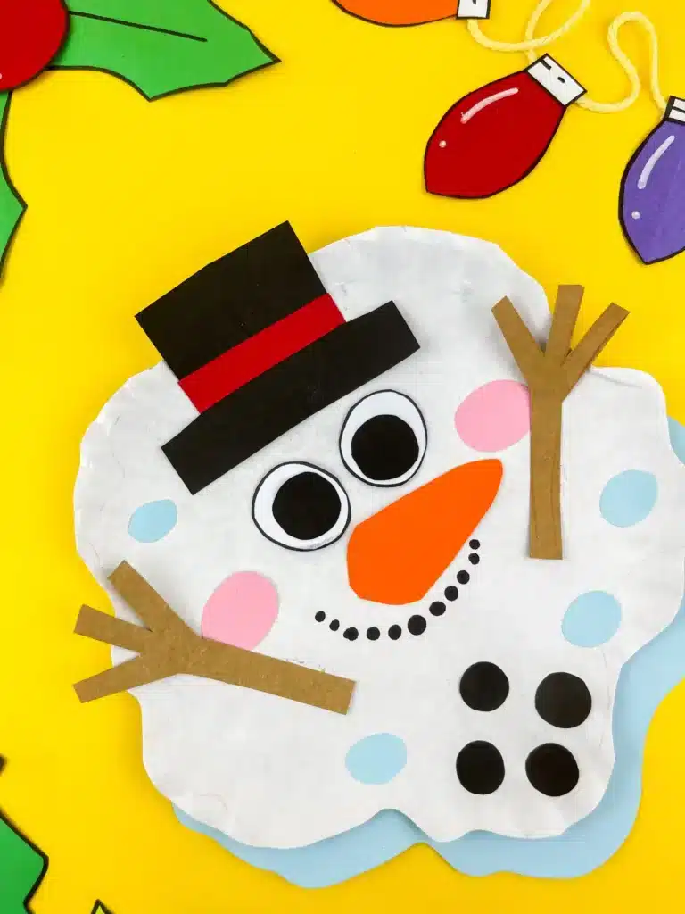 Melted Snowman Paper Plate Craft - Cultivating Brilliant Minds a paper plate craft decorated to look like a melted snowman