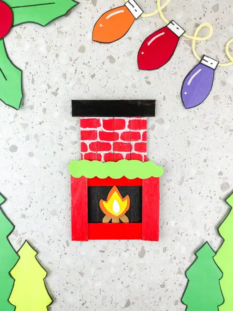 Fireplace Popsicle Stick Craft - Cultivating Brilliant Minds popsicle sticks and construction paper glued together to make a fireplace popsicle stick craft