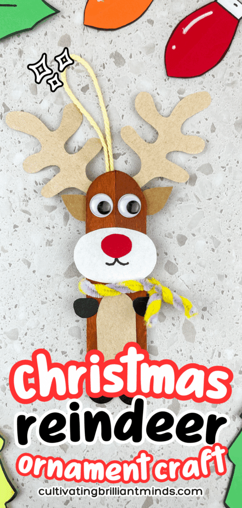 Reindeer Popsicle Stick Ornament Craft - Cultivating Brilliant Minds popsicle sticks glued together and decorated to look like a reindeer