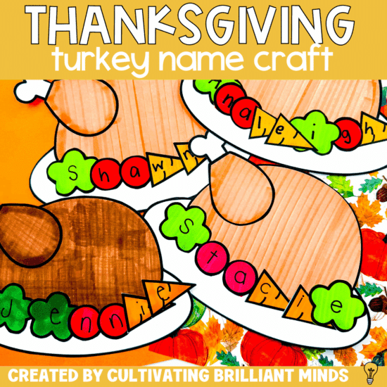 a turkey craft where kids spell out their name in veggies under the turkey