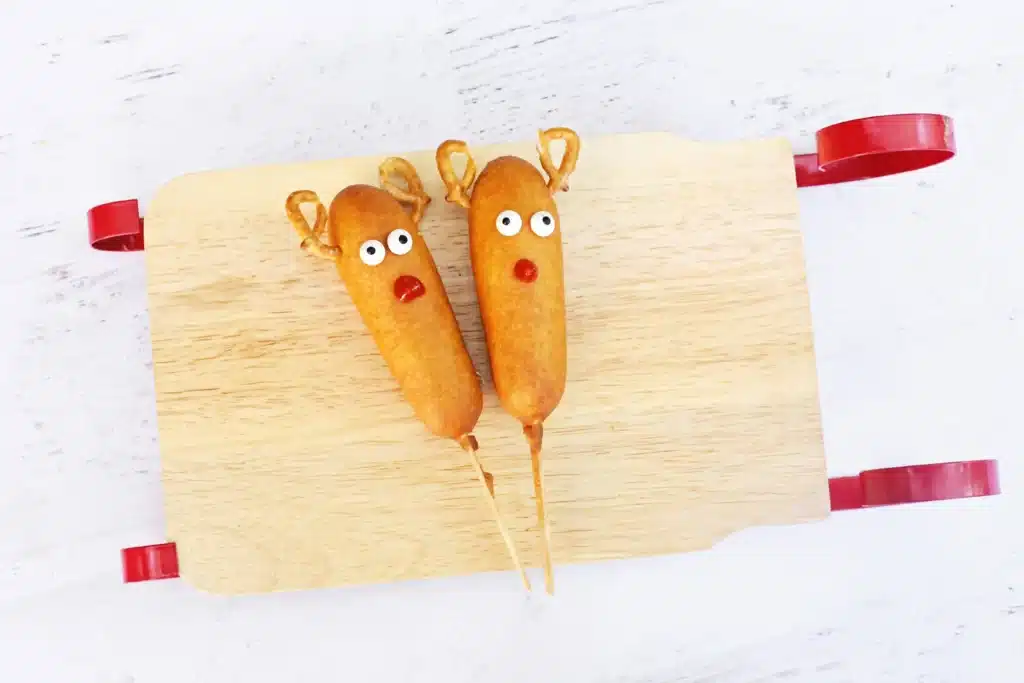 Rudolph Corn Dogs - Cultivating Brilliant Minds corn dogs decorated to look like rudolph