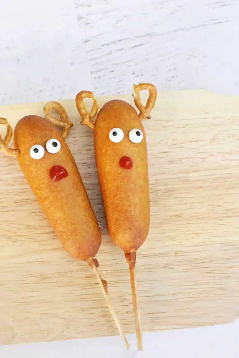 corn dogs decorated to look like rudolph
